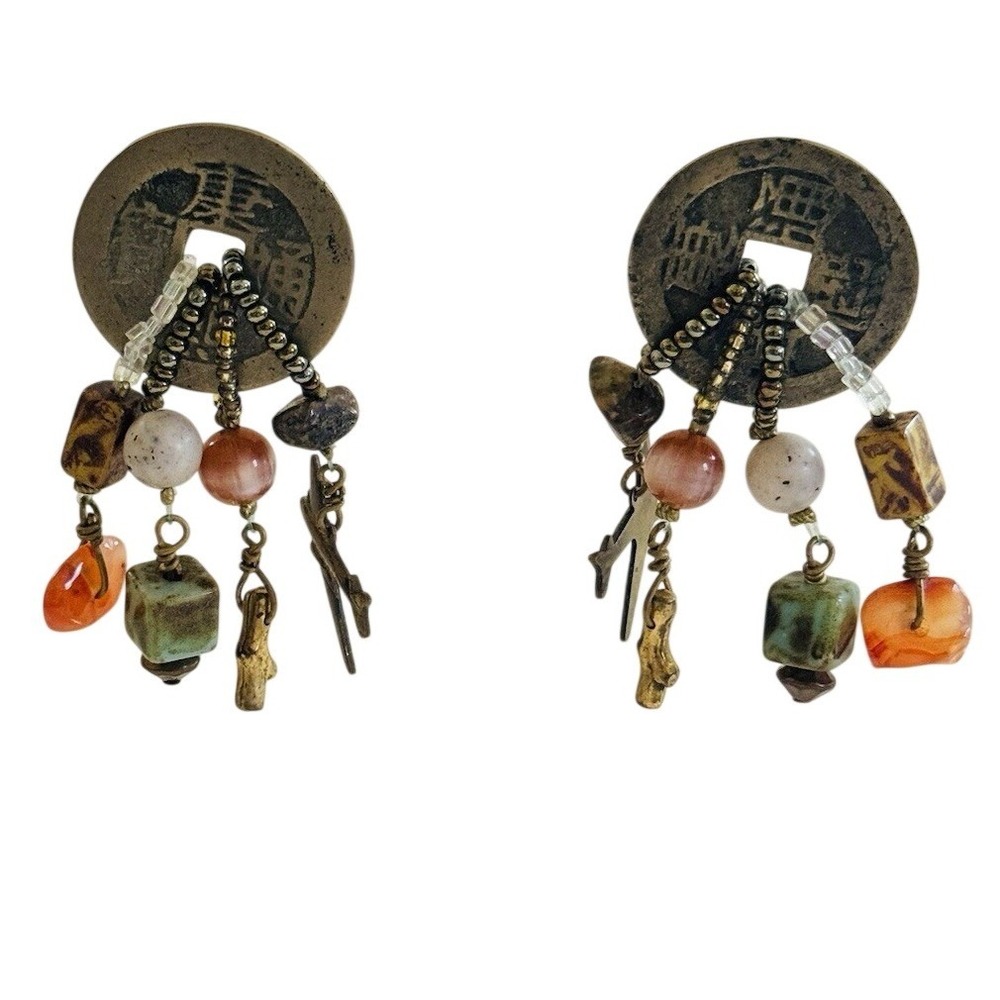 VTG Earrings statement dangle chunky Pierced coin Art Glass Beaded Charms 2.5"